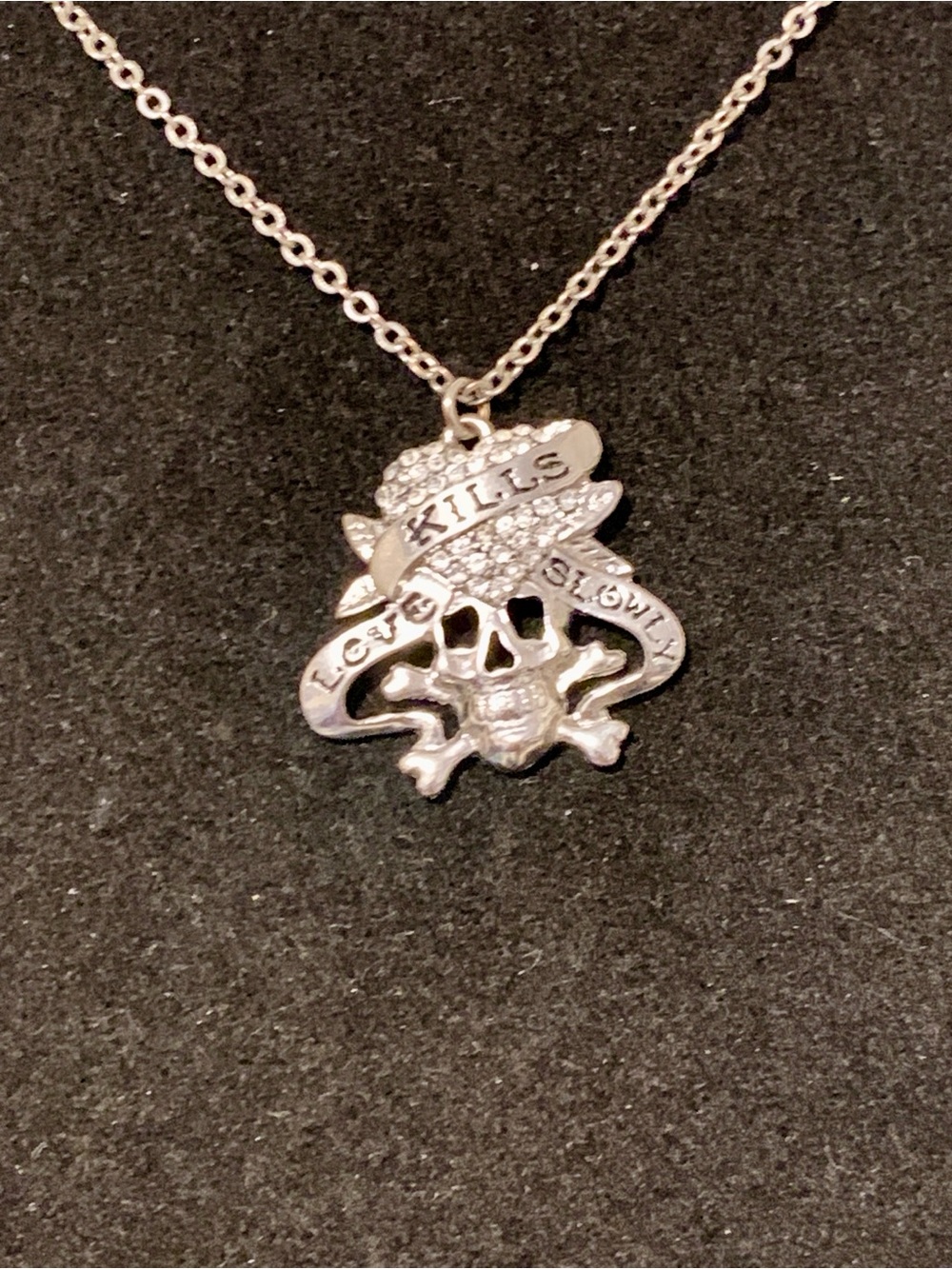 Silver Skull 'Love Kills Slowly' Pendant Necklace